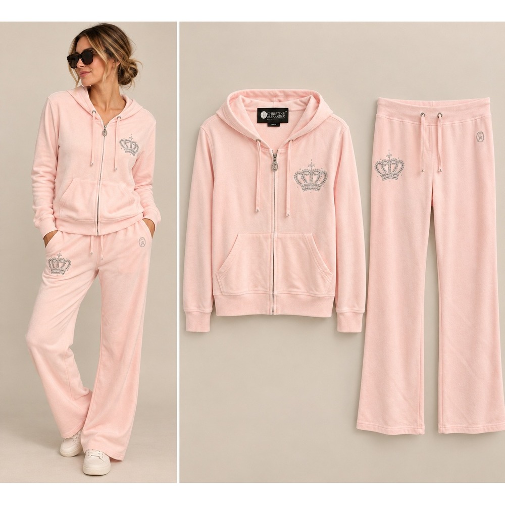 Christine Alexander Women Tracksuit L Pink Y2K Rhinestone Crown Hoodie Pants Set